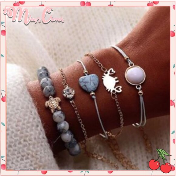🍒2/$25 NATURAL Stone Charm 🦀 Crab Turntle Heart CZ Pendant Bracelet Set of 5 - Picture 1 of 9